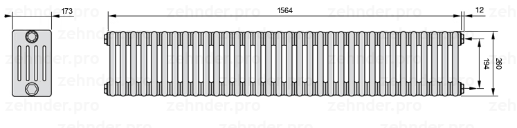 Схема (чертеж) Радиатор Zehnder Charleston 5026/34 №7610 Белый глянцевый RAL 9016